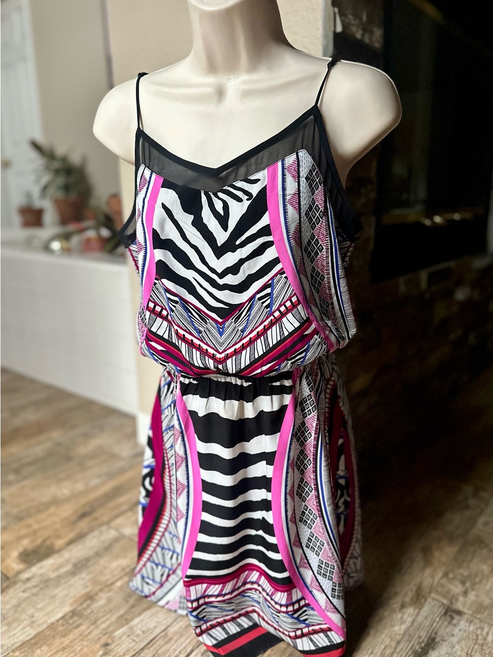 Express Multi Colored Zebra/Geometric Print Spaghetti Strap Mini Dress